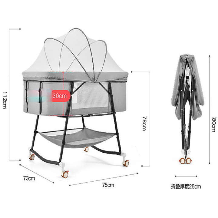 Nôi giường gấp gọn có bánh xe , Cũi võng đu đưa trẻ em, Giường cũi vải cho bé