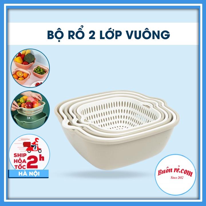 Bộ rổ vuông 2 lớp Việt Nhật - Bộ rổ vuông rửa rau củ, đựng hoa quả trái cây đa năng Br01542