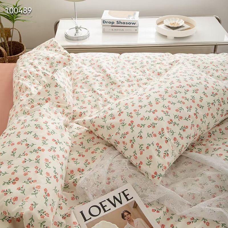 Bộ Chăn Ga Gối Cotton Living Hàng Nhập Khẩu Cao Cấp 4 Món Hoa Nhí Vintage Hồng