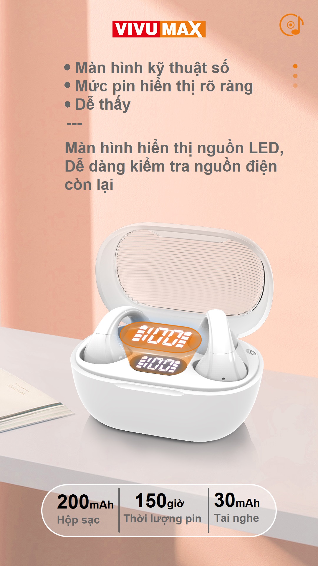 Tai Nghe Không Dây Kẹp Tai TWS Vivumax Sport 1 màu trắng - Hàng Chính Hãng, Bảo Hành Chính Hãng