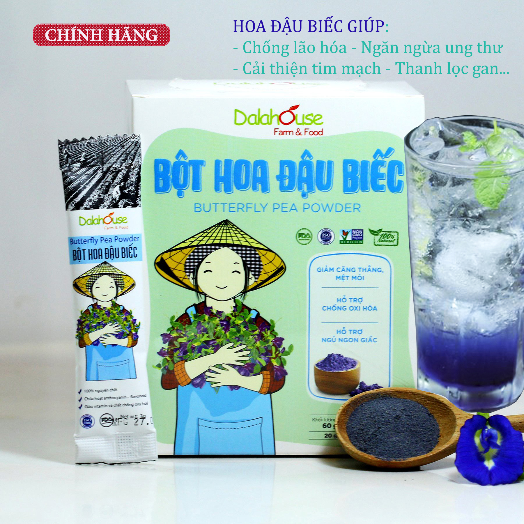 Bột Hoa Đậu Biếc Nguyên Chất Sấy Lạnh Dalahouse - Chống Lão Hóa Sớm, An Thần, Lọc Gan - Hộp 60GR (20 Gói Tiện Lợi)