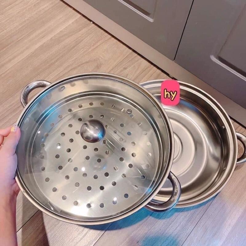 Nồi Hấp 2 Tầng Vung Kính Chất Liệu Inox Size 28cm Có Xửng Hấp, Ăn Lẩu Dùng Cho Bếp Từ, Bếp Ga, Hồng Ngoại