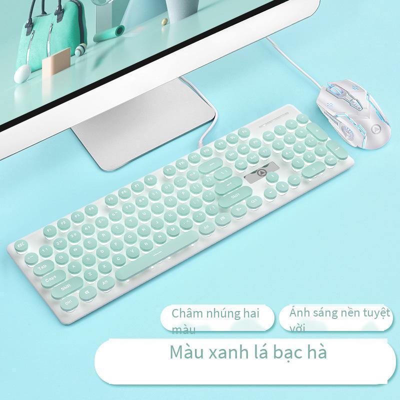Phong cách mới nhất V8 cơ tay cảm giác bàn phím chuột tai nghe tắt tiếng có dây cô gái văn phòng dễ thương gõ phím trò chơi thể thao điện tử