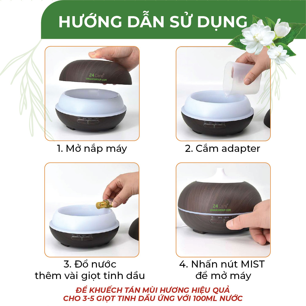 Máy khuếch tán Tinh Dầu 24Care Bí Ngô Đen Ultrasonic 500ml , Tặng 3 Chai tinh dầu Sả Chanh + Bạc Hà + Bưởi ÚC 24Care 10ml | Xông Phòng | Kèm Remote Điều Khiển | Công nghệ siêu âm.