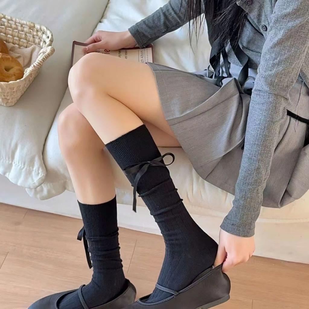 Tất, vớ bắp chân GÂN KẺ SỌC ĐÍNH NƠ phong cách Lolita NhậtBản trẻ trung, thanh lịch có nhiều màu lựa chọn cho nữ Women
