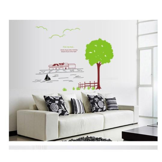 Decal trang trí cây xanh lớn và dòng sông