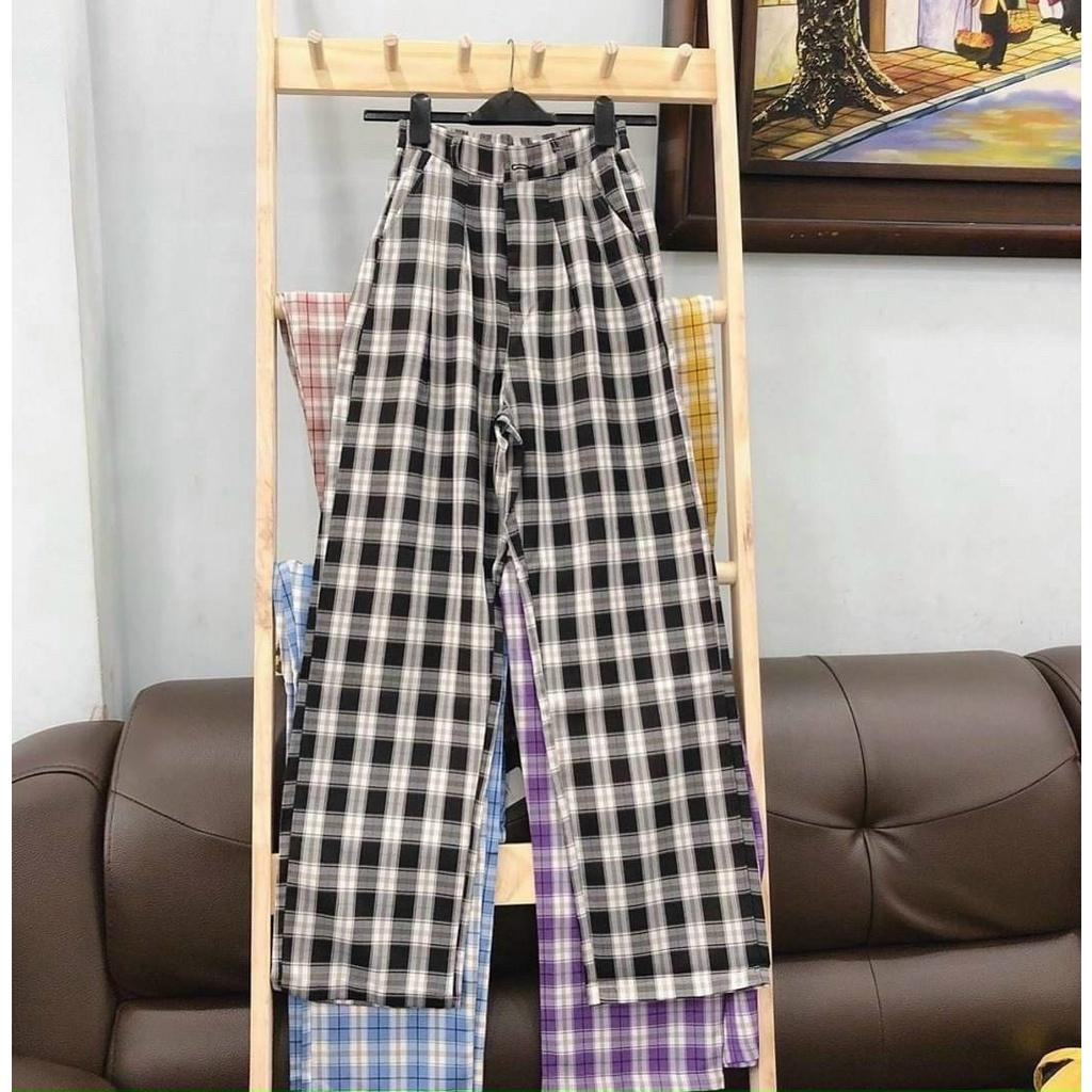 Quần Ống Rộng Nữ Kẻ Caro Lưng Cao Loại Đẹp - Quần Ống Suông Cạp Cao Kanimi - QD27