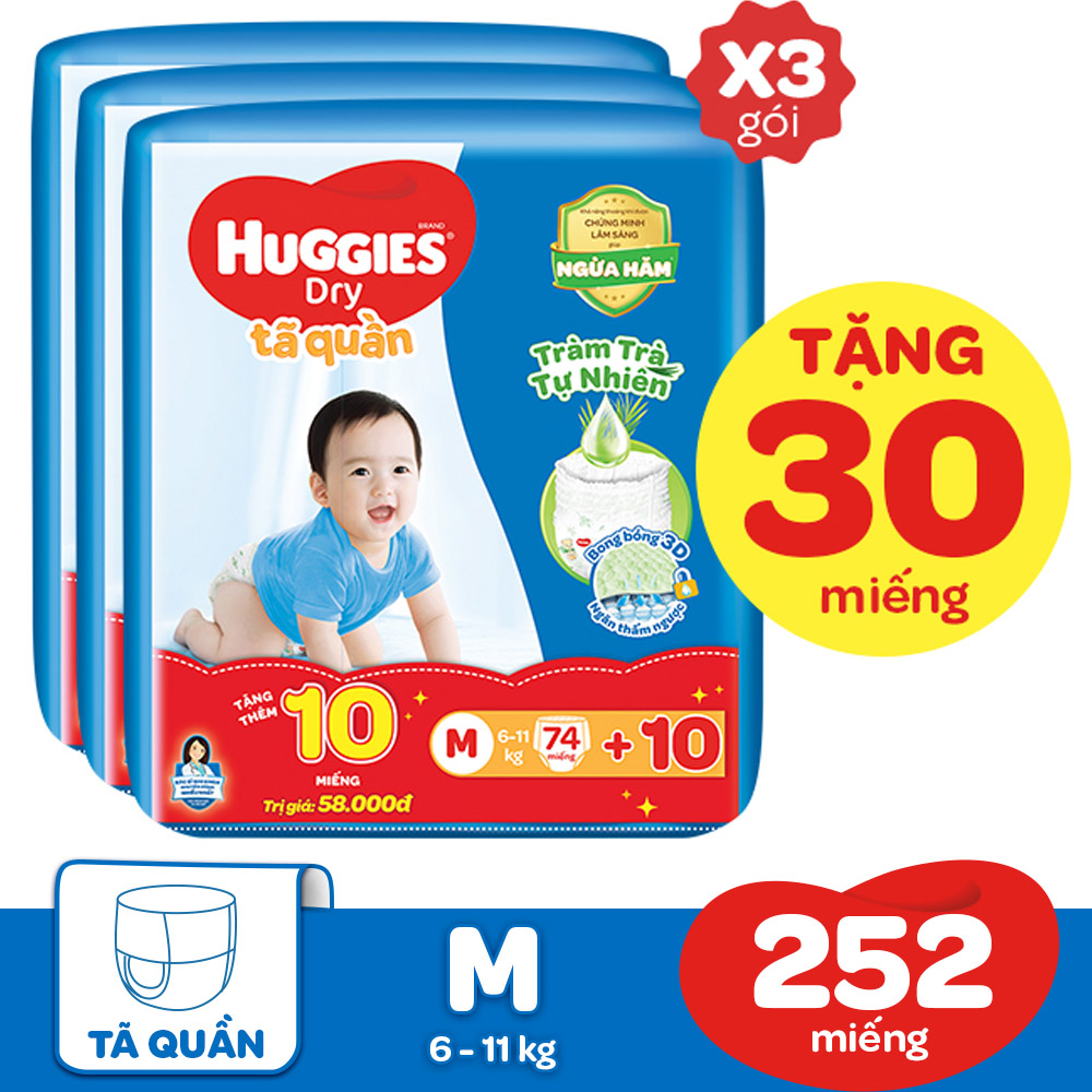 Combo 3 gói Tã Quần Huggies Dry Tràm Trà Tự Nhiên Gói Cực Đại M74 (74 miếng) + Tặng 10 miếng