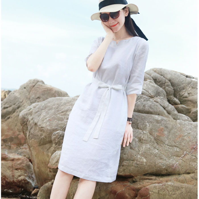 Đầm suông tay lỡ linen trẻ trung kèm đai dời - Trắng