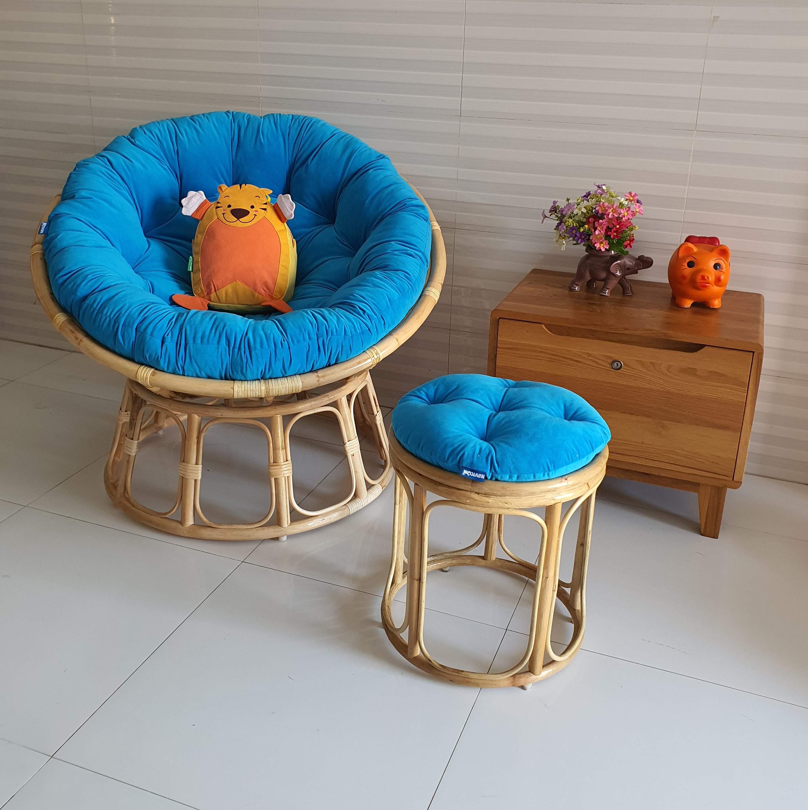 Bộ ghế thư giãn papasan + đôn nhỏ ( vải nhung cao cấp xanh biển)