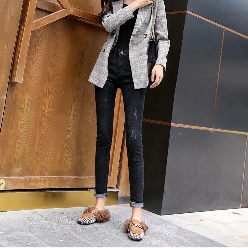 Quần jean dài BIG SIZE muối tiêu đen cào xước lưng cao co dãn mạnh 3196