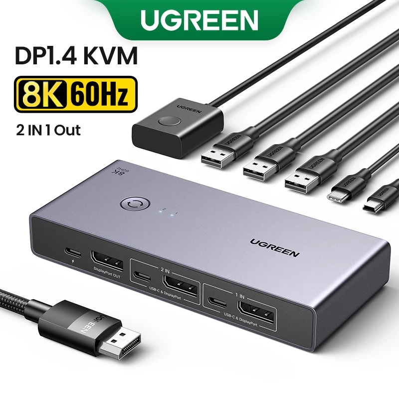 Bộ chuyển đổi UGREEN DP 1.4 Switch 8K 60Hz KVM Switch 2 PC Chia sẻ 1 màn hình CM695-25962 cao cấp hàng chính hãng