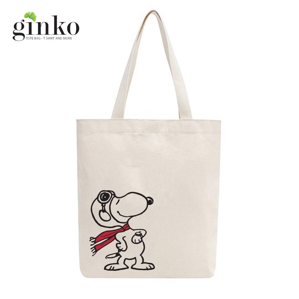 Túi tote vải mộc GINKO có dây kéo khóa miệng túi( có túi con bên trong) đựng vừa laptop 14 inch và nhiều đồ dùng khác in hình Snoopy and Friends M100