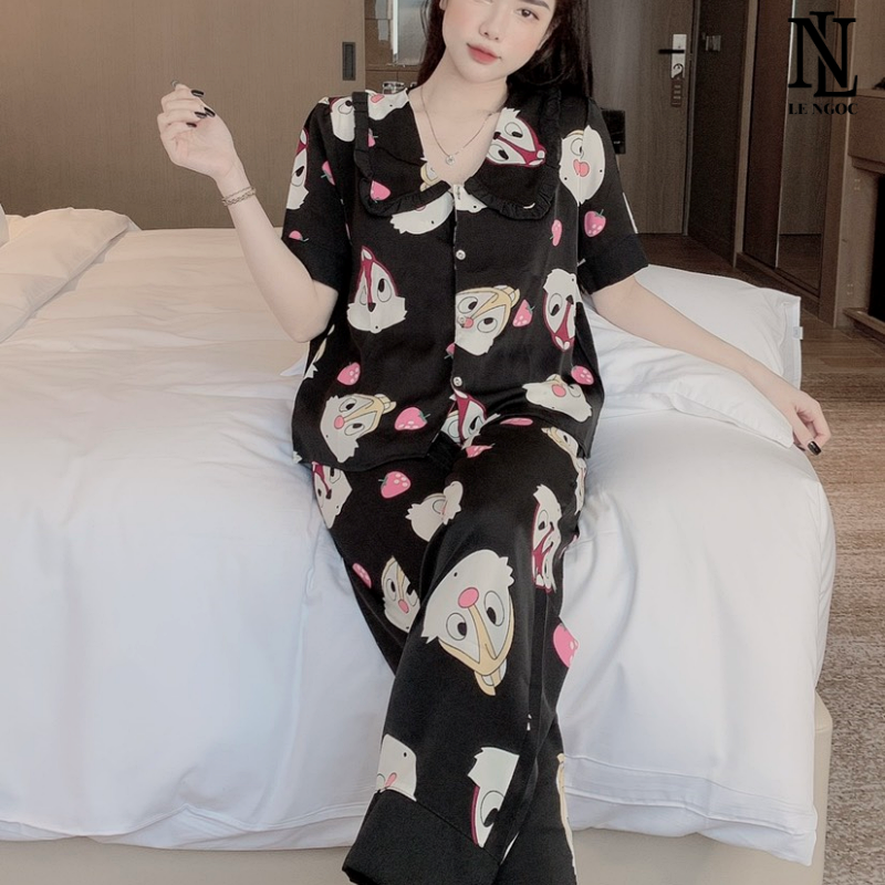 Bộ pijama cộc tay quần dài chất liệu lụa mango, bộ đồ ngủ nữ pyjama cổ bèo dễ thương DC22