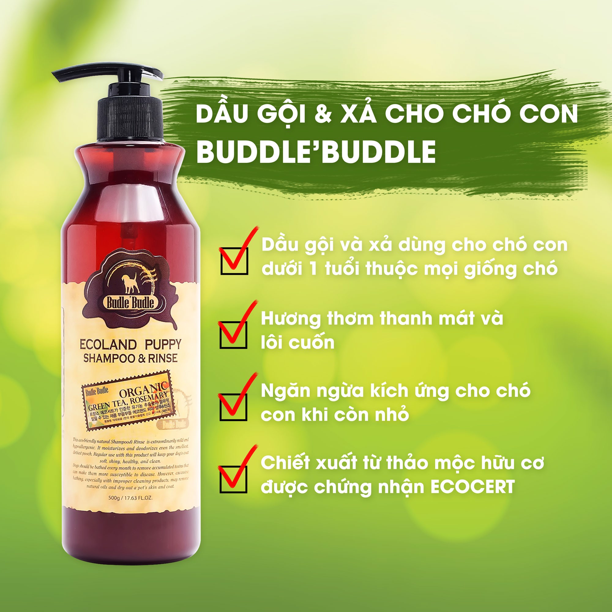 Sữa tắm cho chó Budle'Budle Ecoland General Shampoo | Dầu gội và xả cho chó 100% thiên nhiên | Da sạch khoẻ | Lông bóng mượt | Giảm rụng, xơ rối