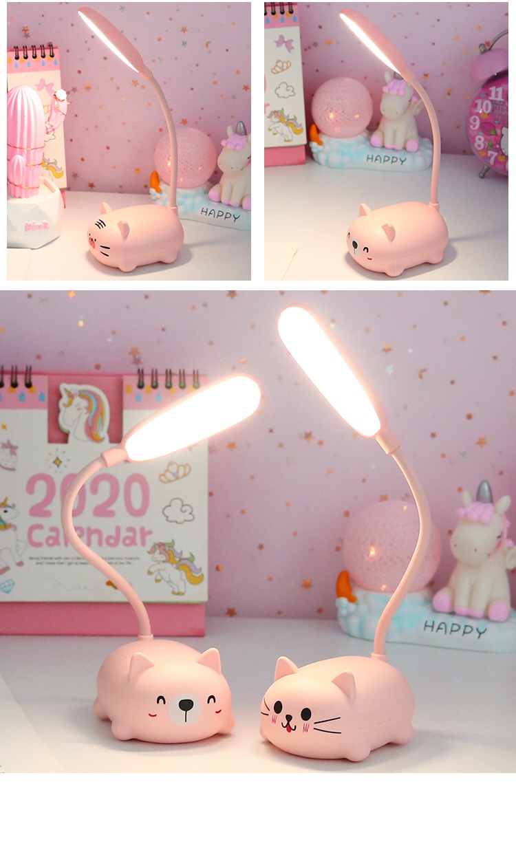 Đèn led để bàn sạc usb hình thú dễ thương - Mèo - Hồng