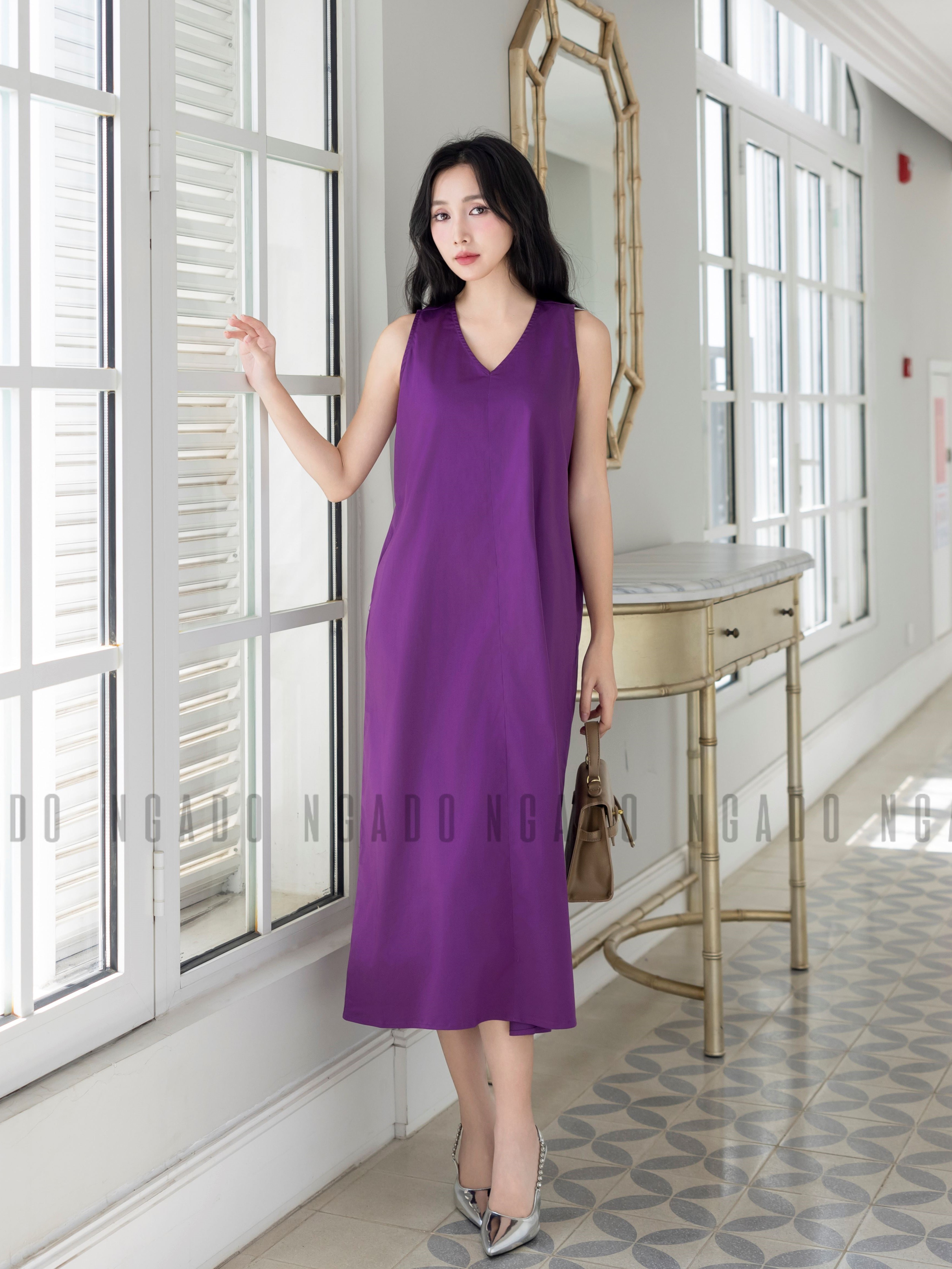 Đầm tím cổ tim NGADO , đầm nữ , Đầm suông , Đầm thiết kế