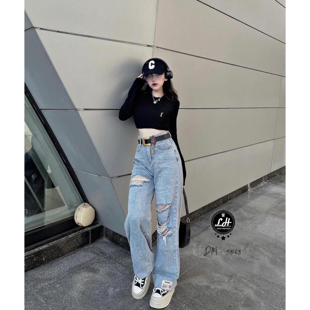 Quần jean nữ ống rộng, quần bò lưng cao màu xanh rách tua rua 2 gối xả lai có tag Lê Huy Fashion MS 3568