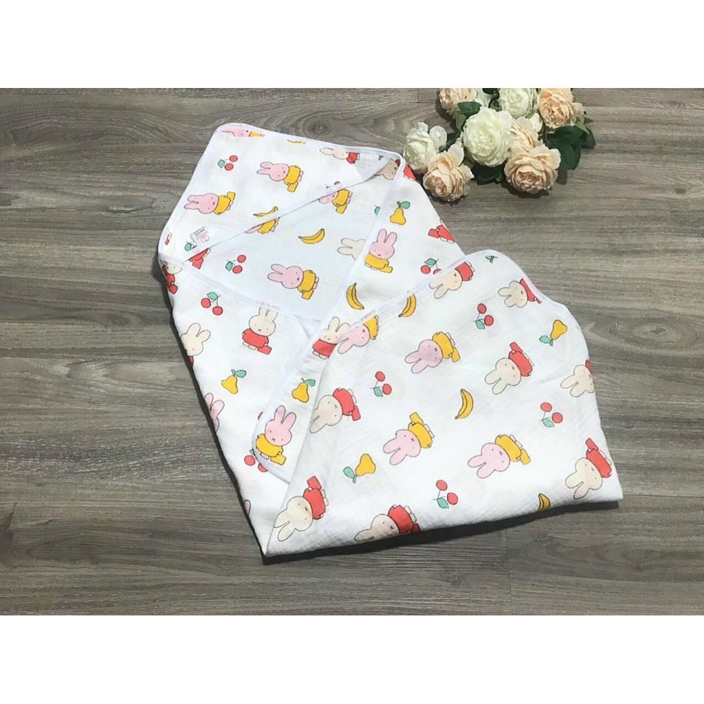 Chăn ủ có mũ 4 lớp nhăn WOOJY in hình 2 mặt cho bé