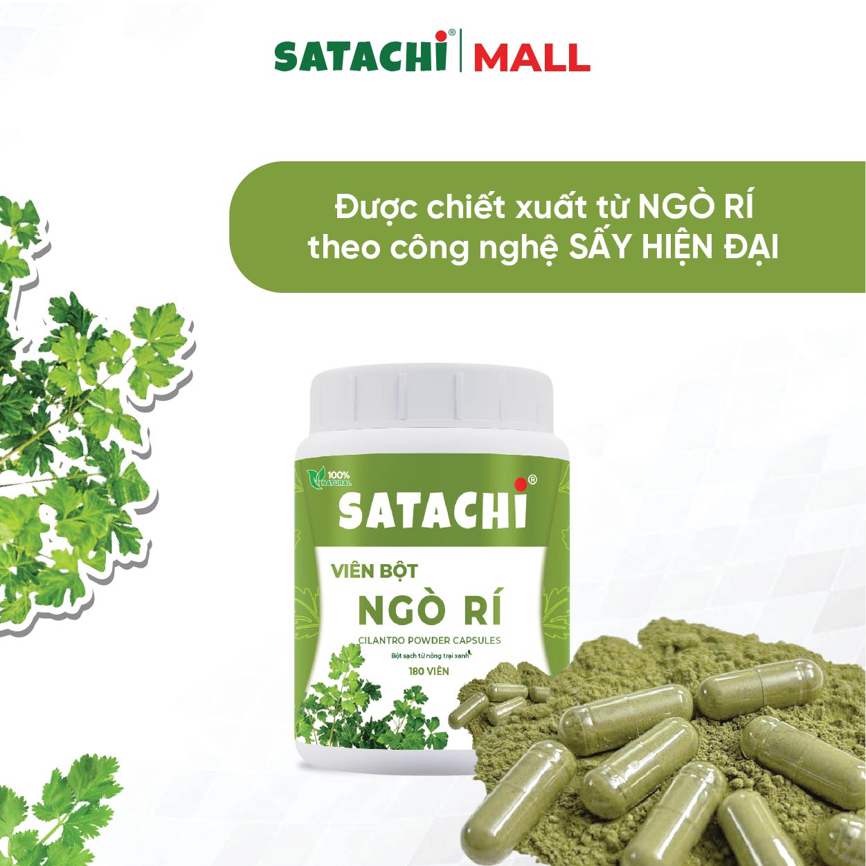 Viên Bột Ngò Rí Nguyên Chất SATACHI – 100% Từ Ngò Rí – Dạng Viên Tiện Lợi – Hộp 180 viên