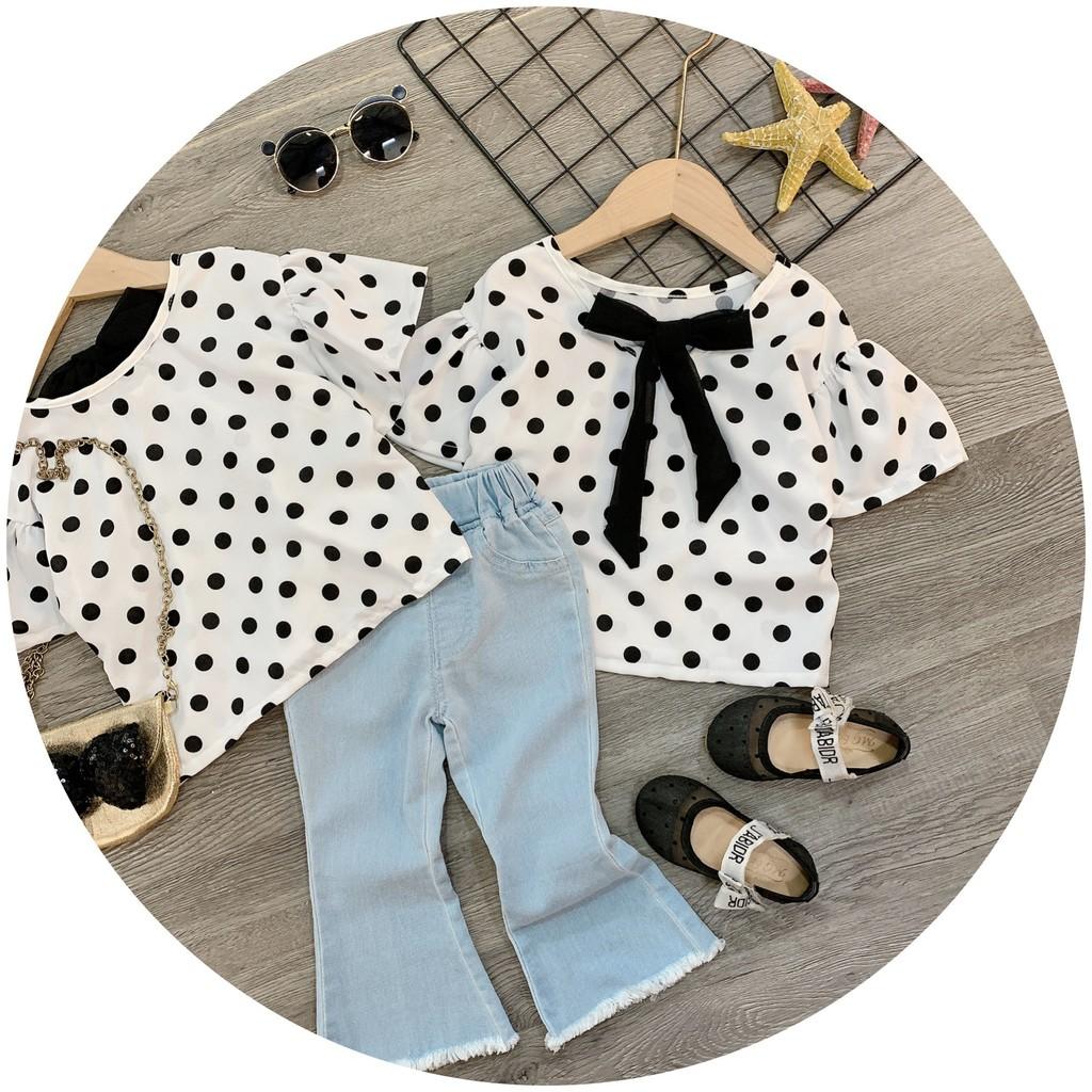 SET ÁO CHẤM BI MIX BÒ LOE XANH CHO BÉ