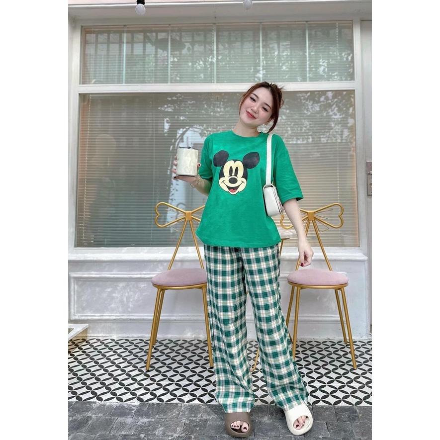 Set Bộ Thun Áo Xanh In Mickey Quần Suông Caro