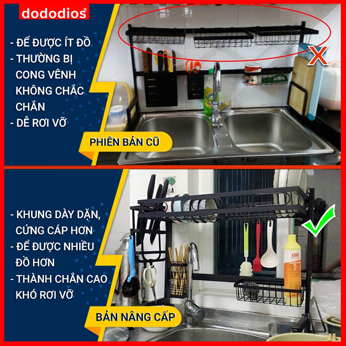 Bộ Kệ Để Bát Thông Minh, Giá Kệ Để Chén Bát Đũa Đa Năng Chọn Cỡ – Lõi Thép Carbon Không Gỉ - Phủ Sơn Tĩnh Điện Cao Cấp Siêu Bền – Chống Bám Bụi Cao Cấp Chính Hãng Dododios