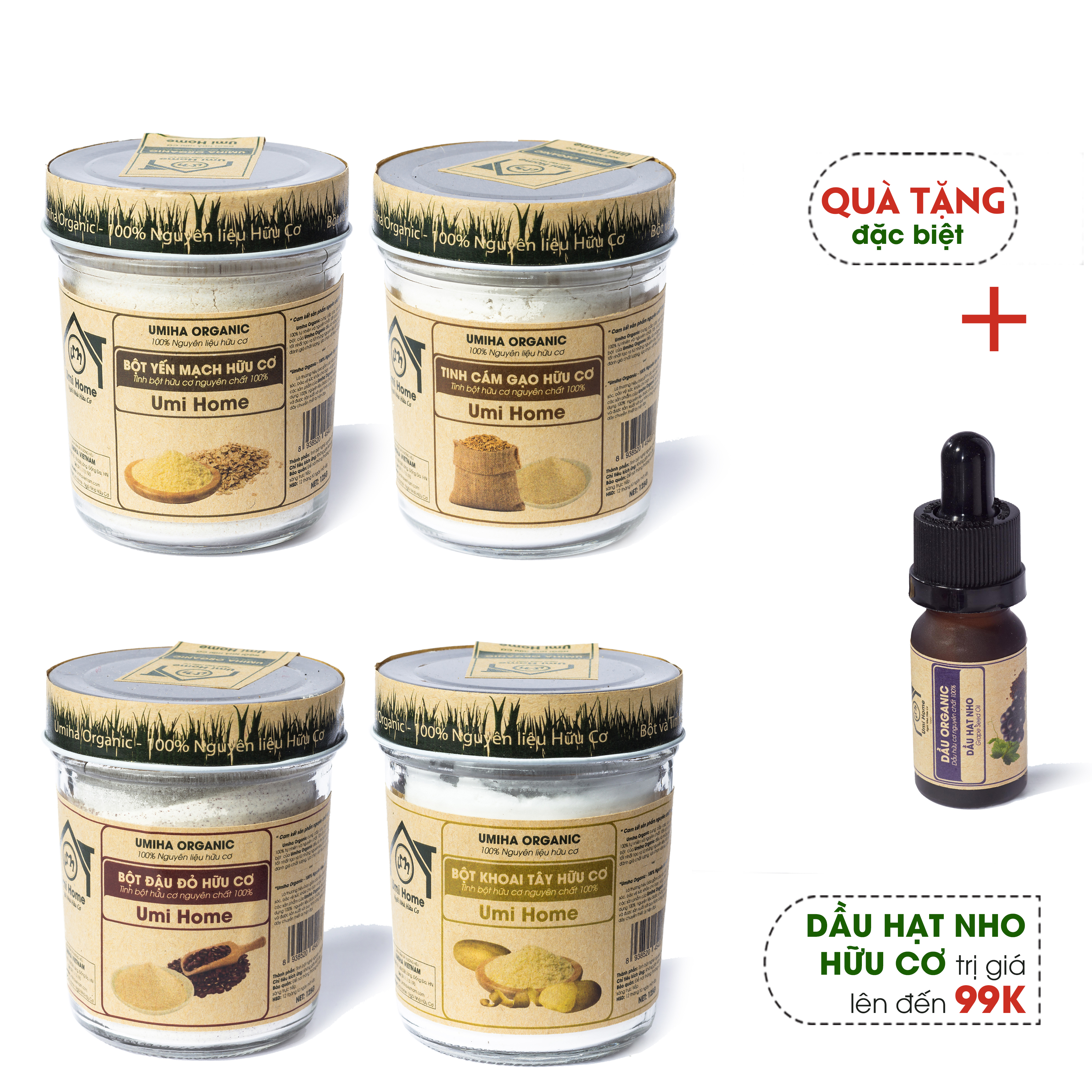 Combo 4 Bột đắp mặt nạ gồm Cám Gạo 125g, Đậu Đỏ 125g, Yến Mạch 125g, Khoai Tây 125g UMIHOME hữu cơ - Tặng Dầu Hạt Nho 10ml