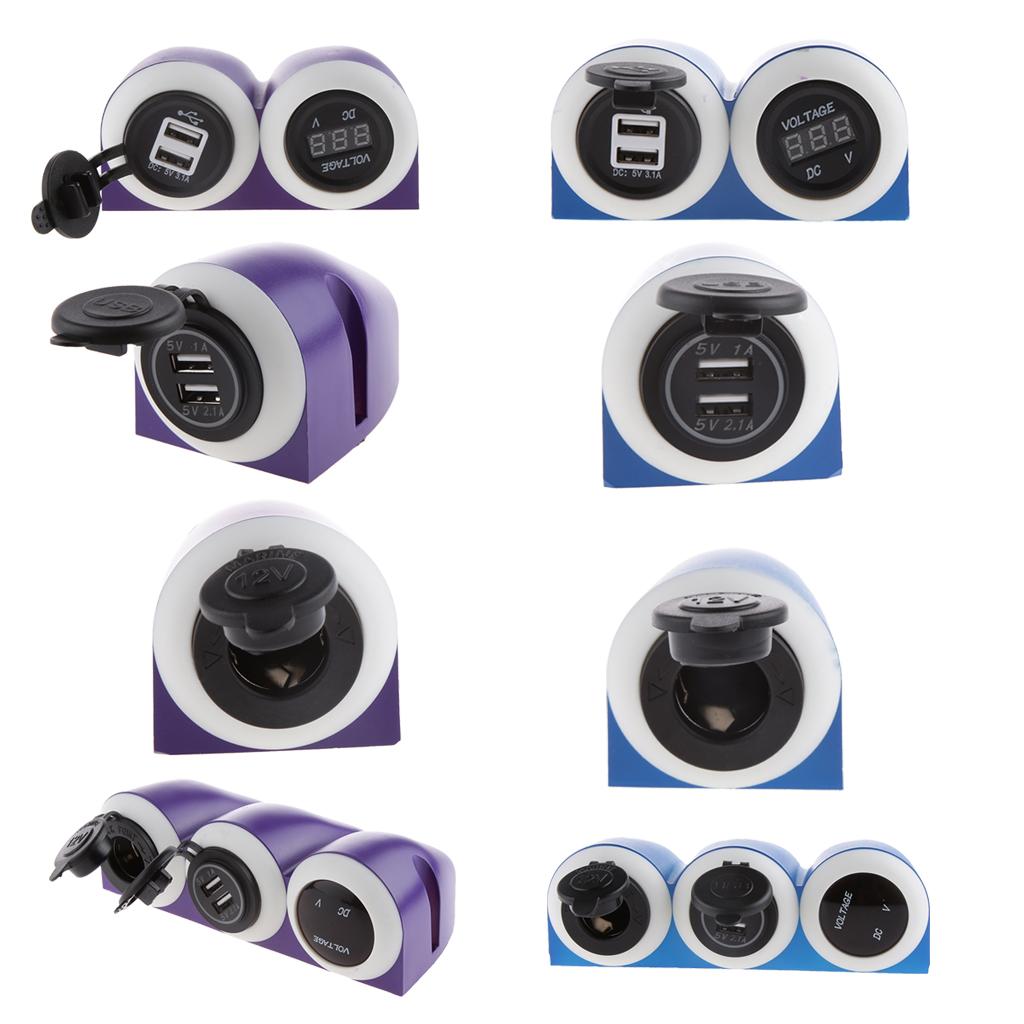 3.1A Dual USB Port Car Charger Power Outlet + Red LED Voltmeter Panel Purple