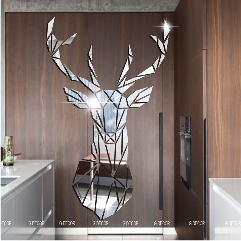 Decal dán tường 3D dạng gương hình đầu hươu làm bằng Acrylic dùng để trang trí nội thất, nhà cửa, decor phòng khách, spa