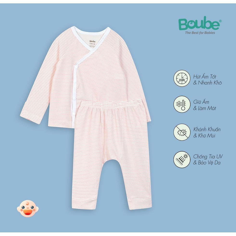 Bộ quần áo dài tay cài chéo họa tiết kẻ ngang Boube - Chất liệu Petit mềm mịn,thấm hút tốt - Size Newborn cho bé từ 0-3M