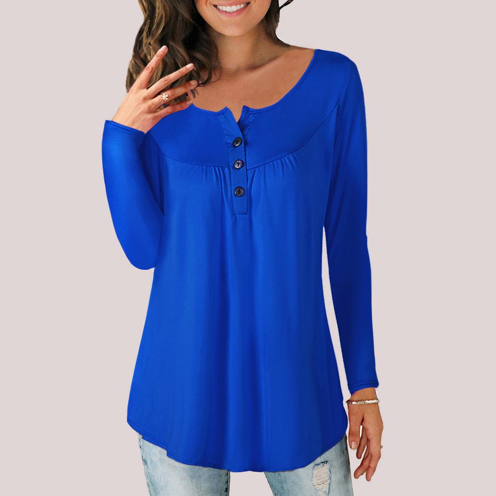 Women Plus Size T-shirt Long Sleeves Buttons Pleated Solid Blouse Casual Tops M-5XL for Lounging Streets Holiday