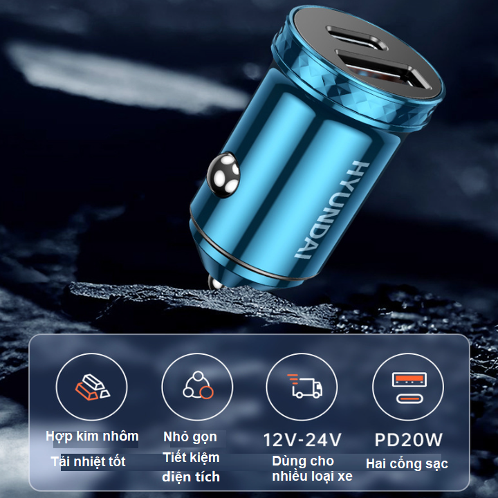 Tẩu sạc nhanh ô tô Hyundai HY-40C tích hợp 2 cổng USB+Type-C, Hỗ trợ sạc nhanh Quick Charge 3.0 - HÀNG NHẬP KHẨU