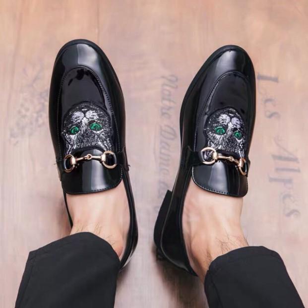 Free ship giầy lười da bóng thêu mèo xanh