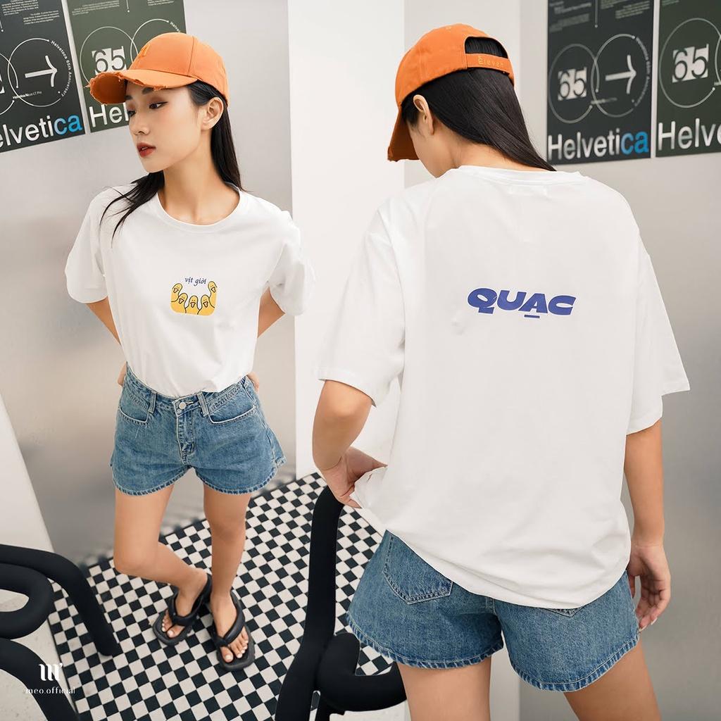 Áo thun tay lỡ Méo shop cổ tròn cotton in chữ Quạc freesize form rộng