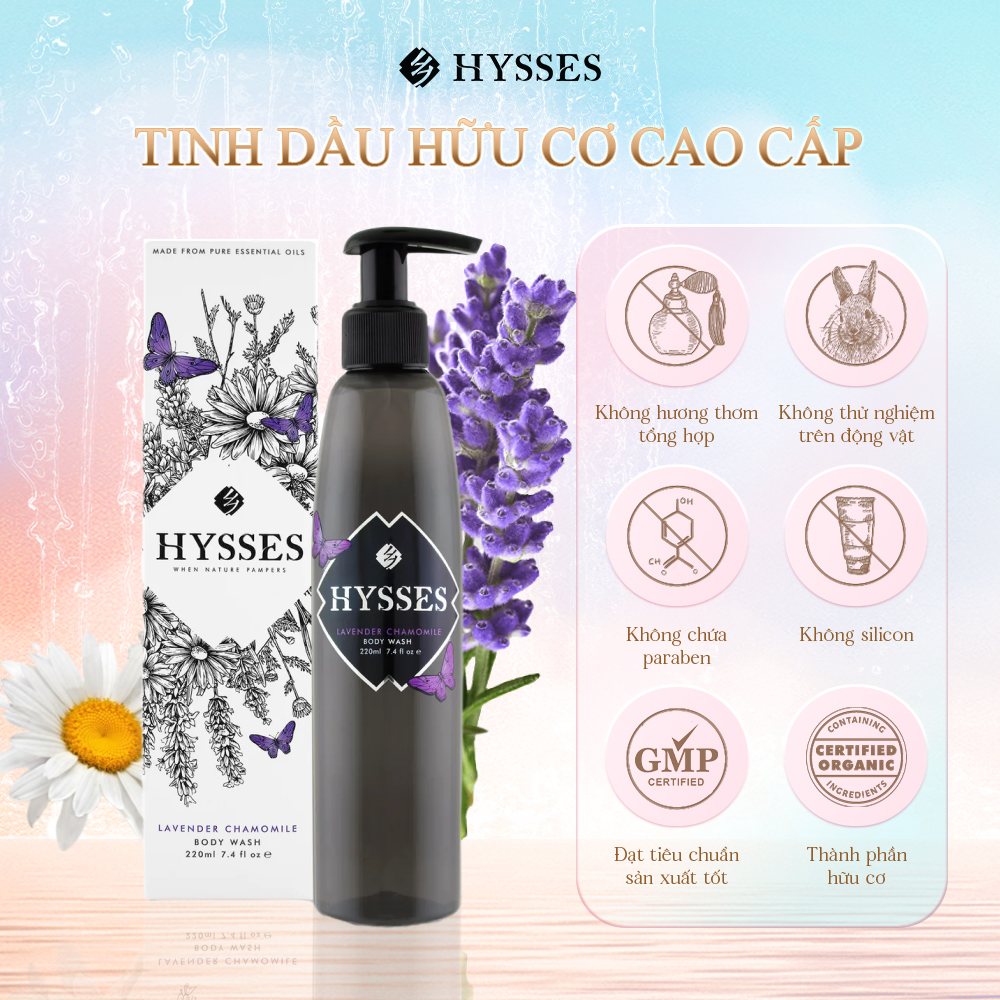 Sữa Tắm Tinh Dầu Cao Cấp Hysses Không Gây Kích Ứng, An Toàn Cho Em Bé, Giúp Dưỡng Ẩm, Củng Cố Hàng Rào Bảo Vệ Tự Nhiên Oải Hương và Cúc La Mã Hữu Cơ Tự Nhiên