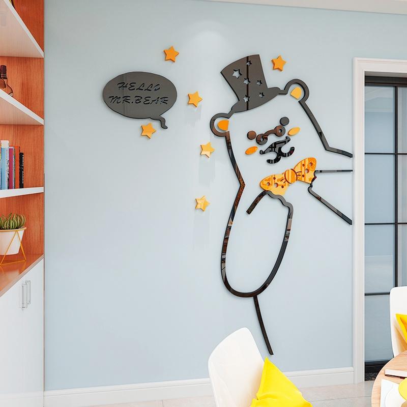 Tranh dán tường mica 3d decor khổ lớn gấu lớn lịch lãm trang trí mầm non, mẫu giáo, phòng cho bé