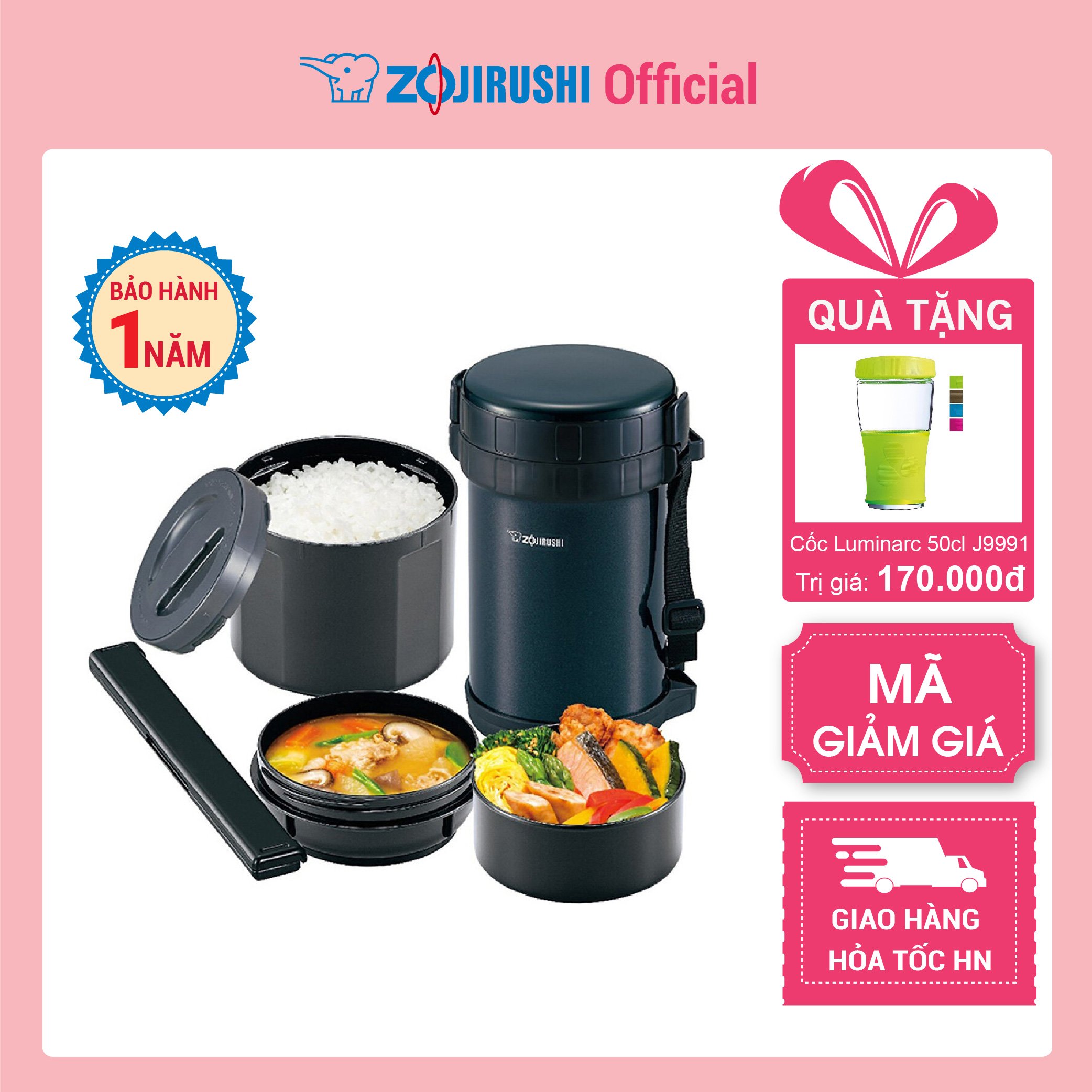 Hộp cơm giữ nhiệt 3 ngăn Zojirushi SL-XE20-AD 1,47L, hàng chính hãng