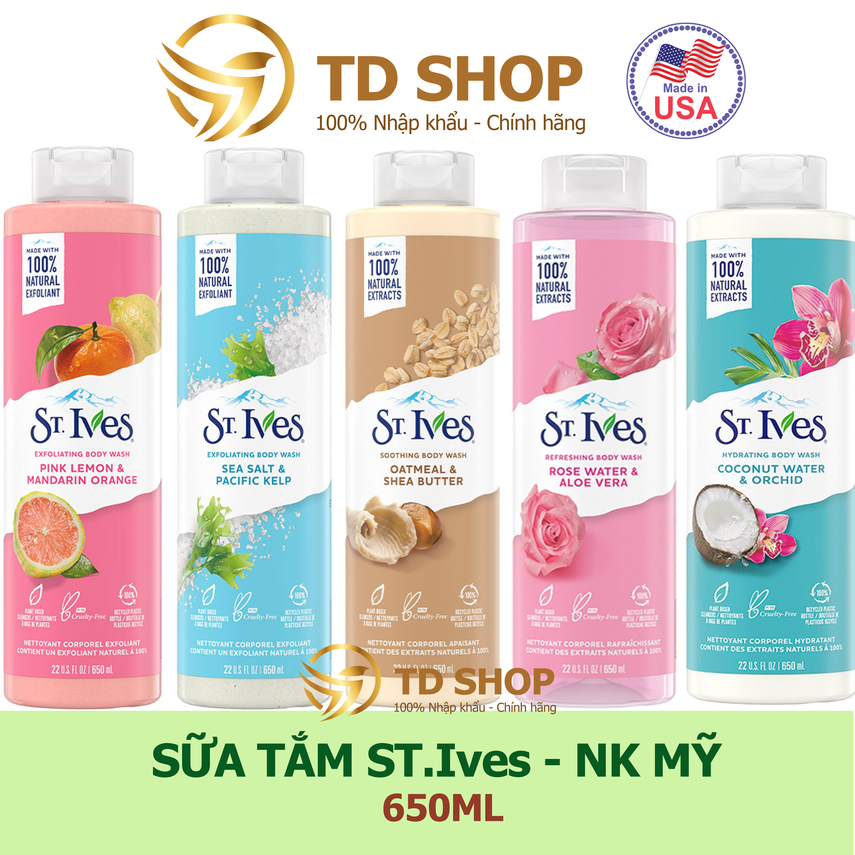 Sữa tắm St.Ives 650ml Muối biển I Yến mạch & Bơ I Cam chanh tẩy tế bào chết - TD Shop