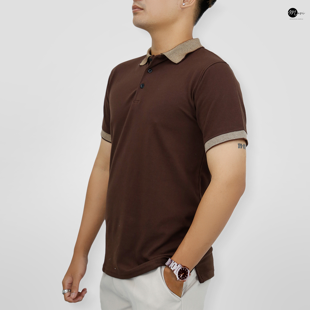 Áo polo nam cổ bẻ phối viền vải cotton chuẩn form, lịch sự, năng động, NÂU ĐẤT - MOSI