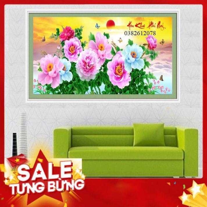 110*55Cm Tranh đính đá Hoa Khai Phú Quý,Tranh đính đá 3D chưa đính LV408, Tranh đính đá Hoa mẫu đơn