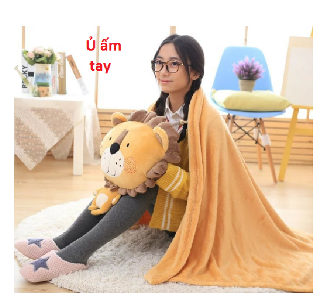 Gối kèm mền Sư Tử siêu cute chức năng 3 trong 1, nỉ nhung cực mịn, bộ chăn gối văn phòng