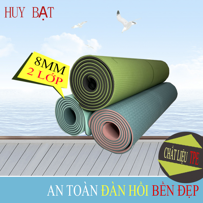 Thảm Tập Yoga, Tập Gym 8mm 2 Lớp Không Mùi + Túi Đựng Thảm + Dây Buộc Thảm Chính Hãng HUY BẠT - Giao Ngẫu Nhiên.