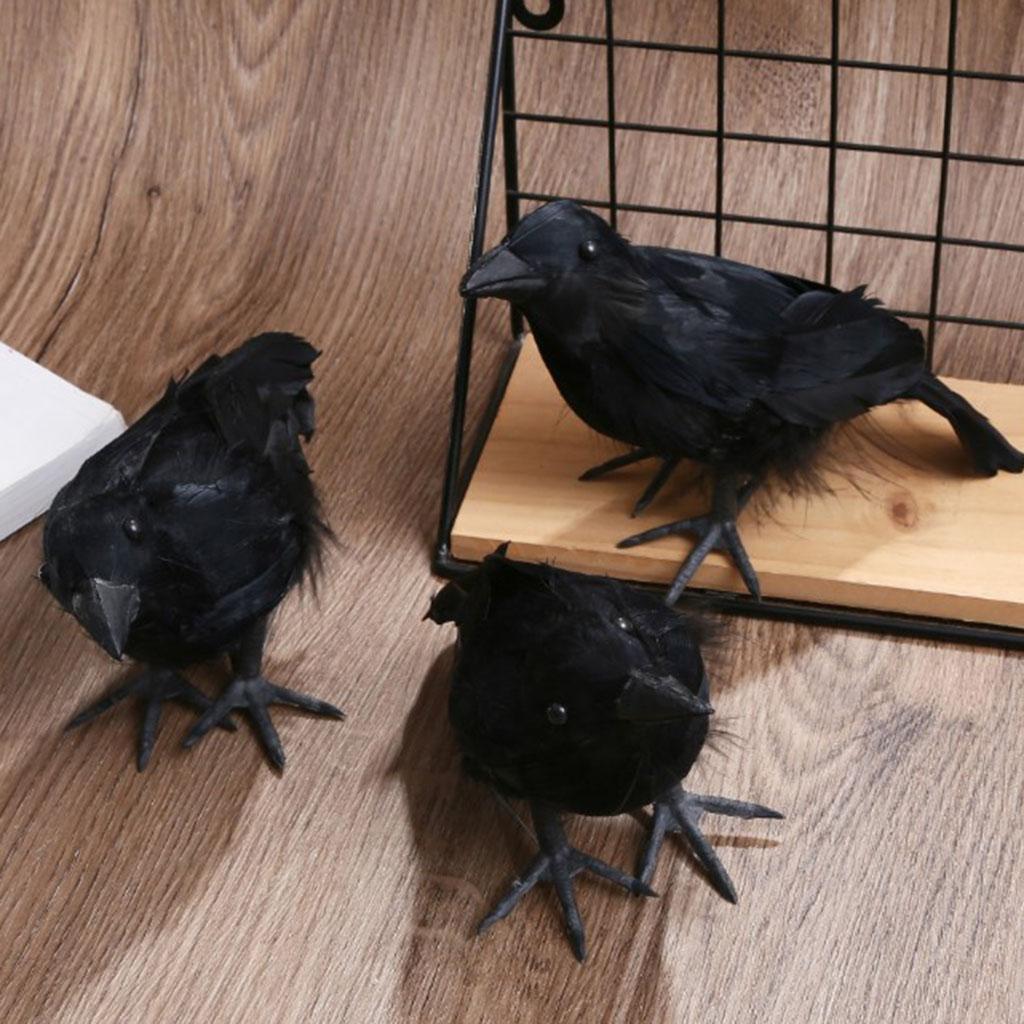Vivid Crow Bird Statue Halloween Realistic Black Feathered Crows Decor
