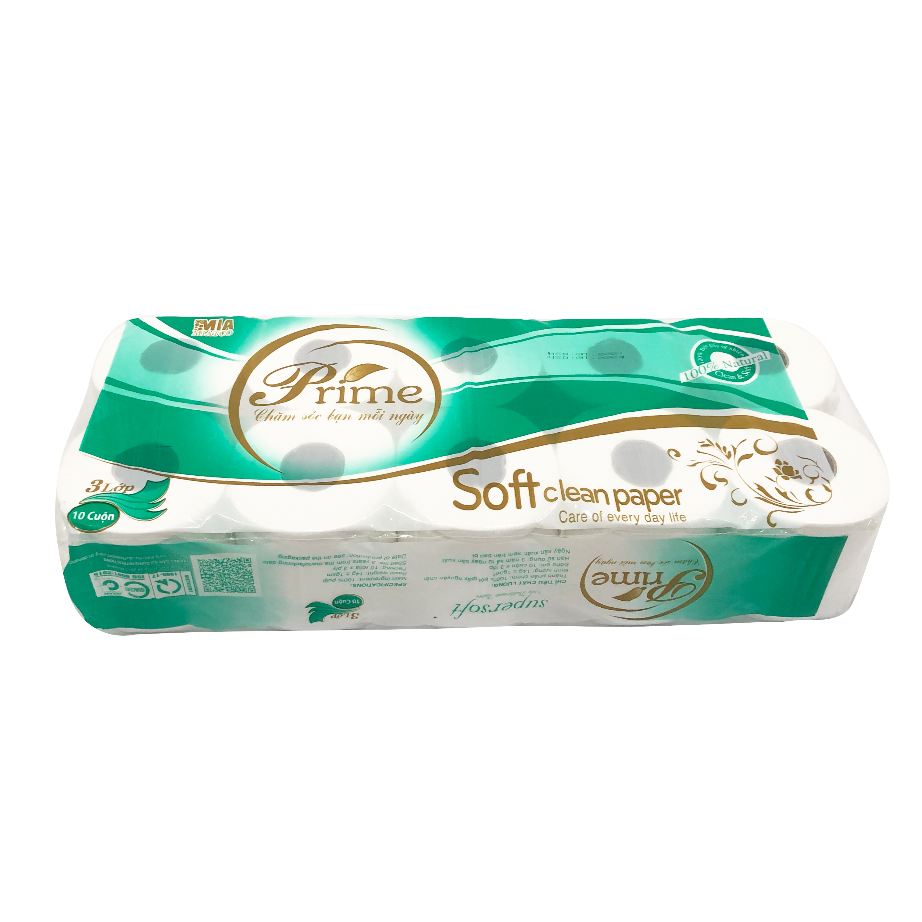 GIẤY VỆ SINH 3 LỚP PRIME CÓ LÕI - COMBO 2 DÂY MÀNG XANH