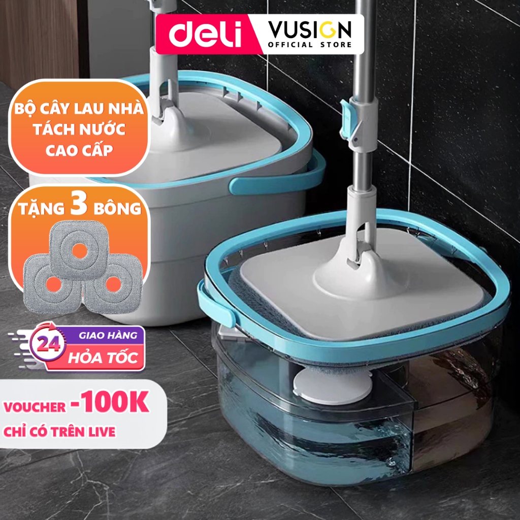 Bộ Cây Lau Nhà Tách Nước Bẩn Thông Minh Deli, Chổi Lau Nhà Xoay 360 độ 2 Ngăn Kèm Bông Lau