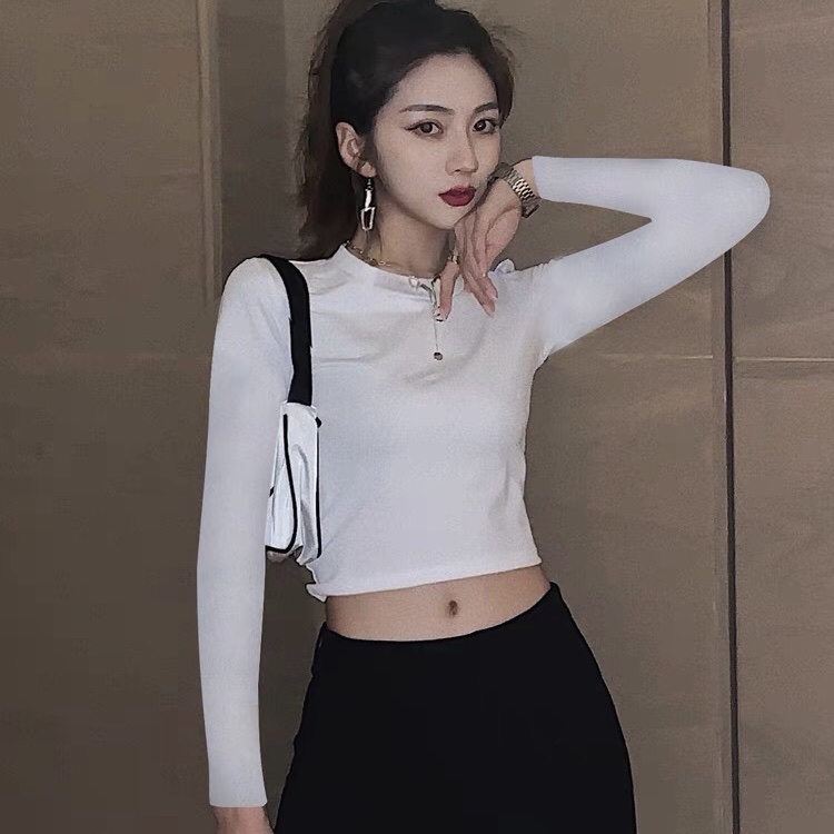 Áo croptop cổ tròn dài tay chất thun co giãn dễ mix đồ freesize