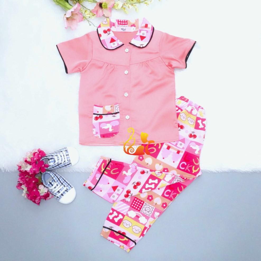 Đồ Bộ Pijama Satin Lụa Hàn &quot;Ngôi nhà cherry&quot; Cổ Tròn Quần Dài Cho Bé - Từ 12k