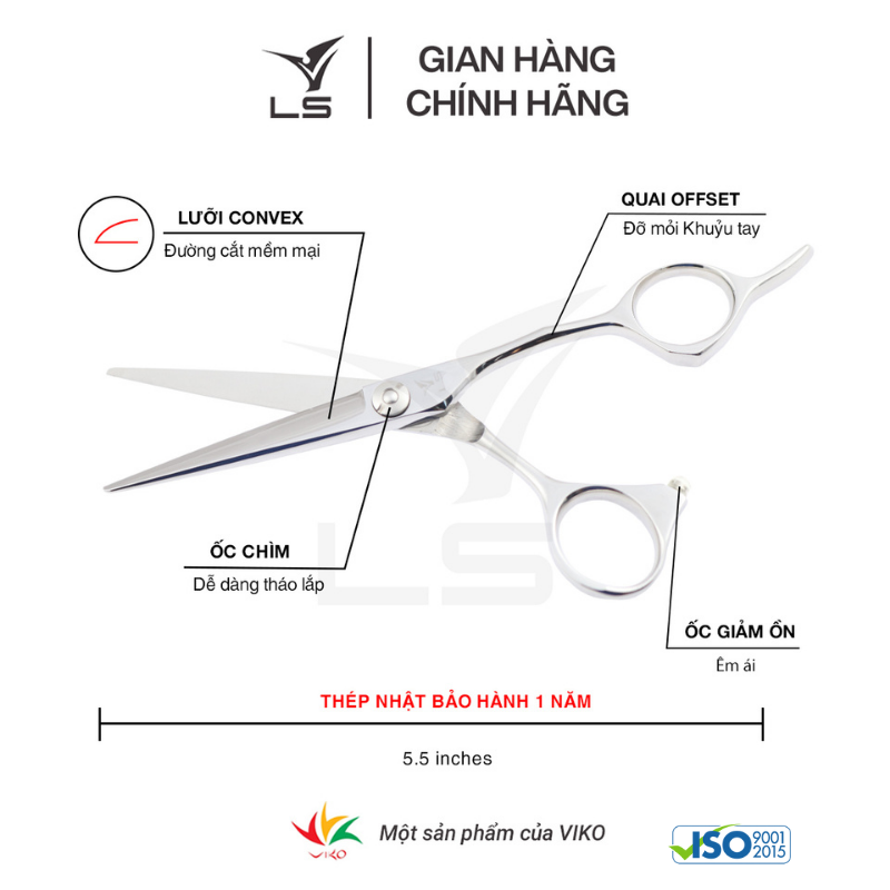 Kéo cắt tóc LS lưỡi thẳng quai offset vênh đỡ ngón cố định JP552