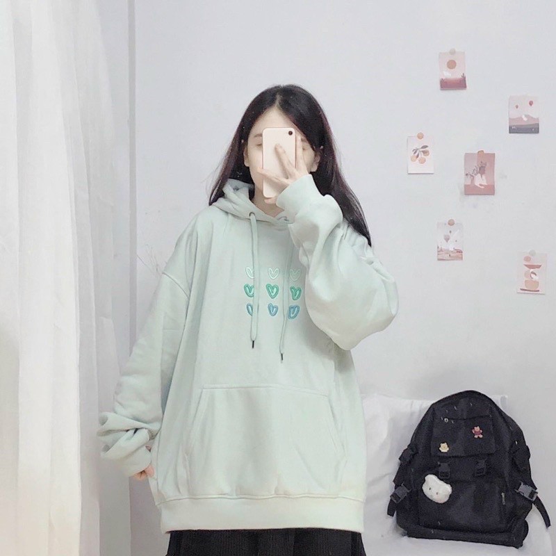 Áo Khoác Hoodie Nỉ Thêu Tim Có Nón Mũ Rộng Unisex Hàn Quốc Cặp Đôi Nam Nữ Siêu Xinh - Freeship Rẻ Đẹp - Chống Nắng